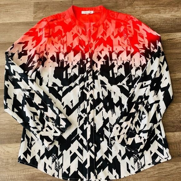 Calvin Klein Red and Black top  Ombre long sleeve blouse size S front pockets - Picture 3 of 11